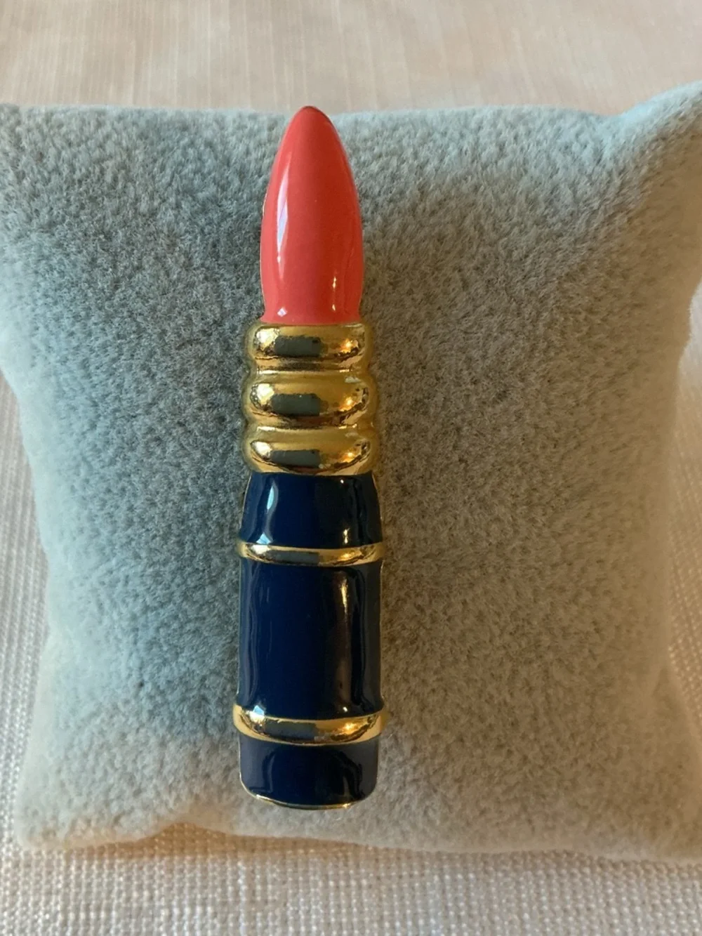 Coral and Blue Enamel Lipstick-Shaped Vintage Gold Tone Pin